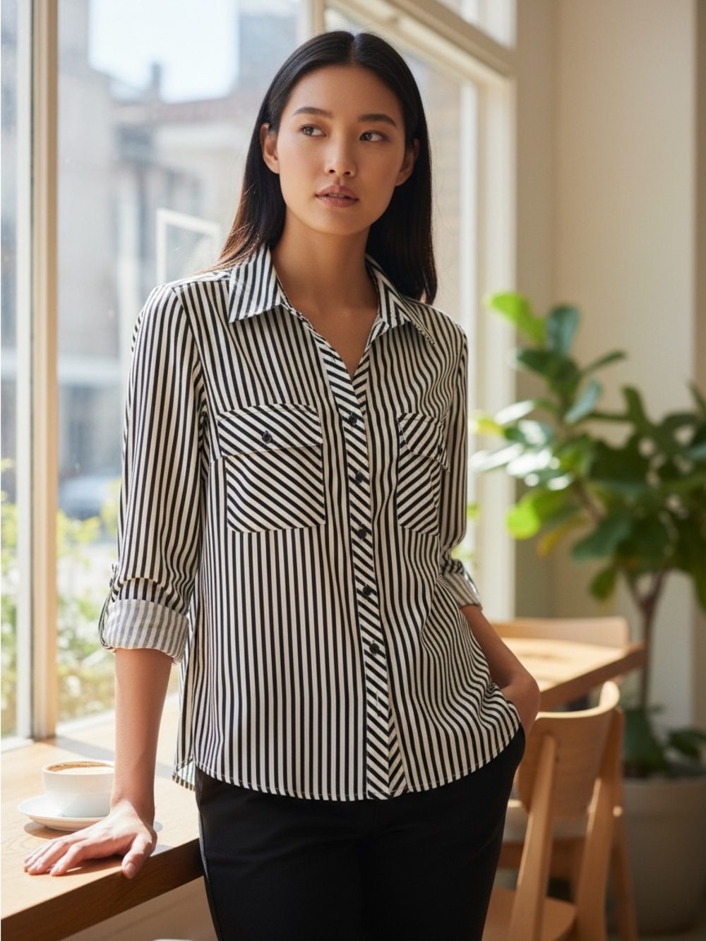 Studio Works Black White Striped Button Down Roll Tab Shirt Blouse S
